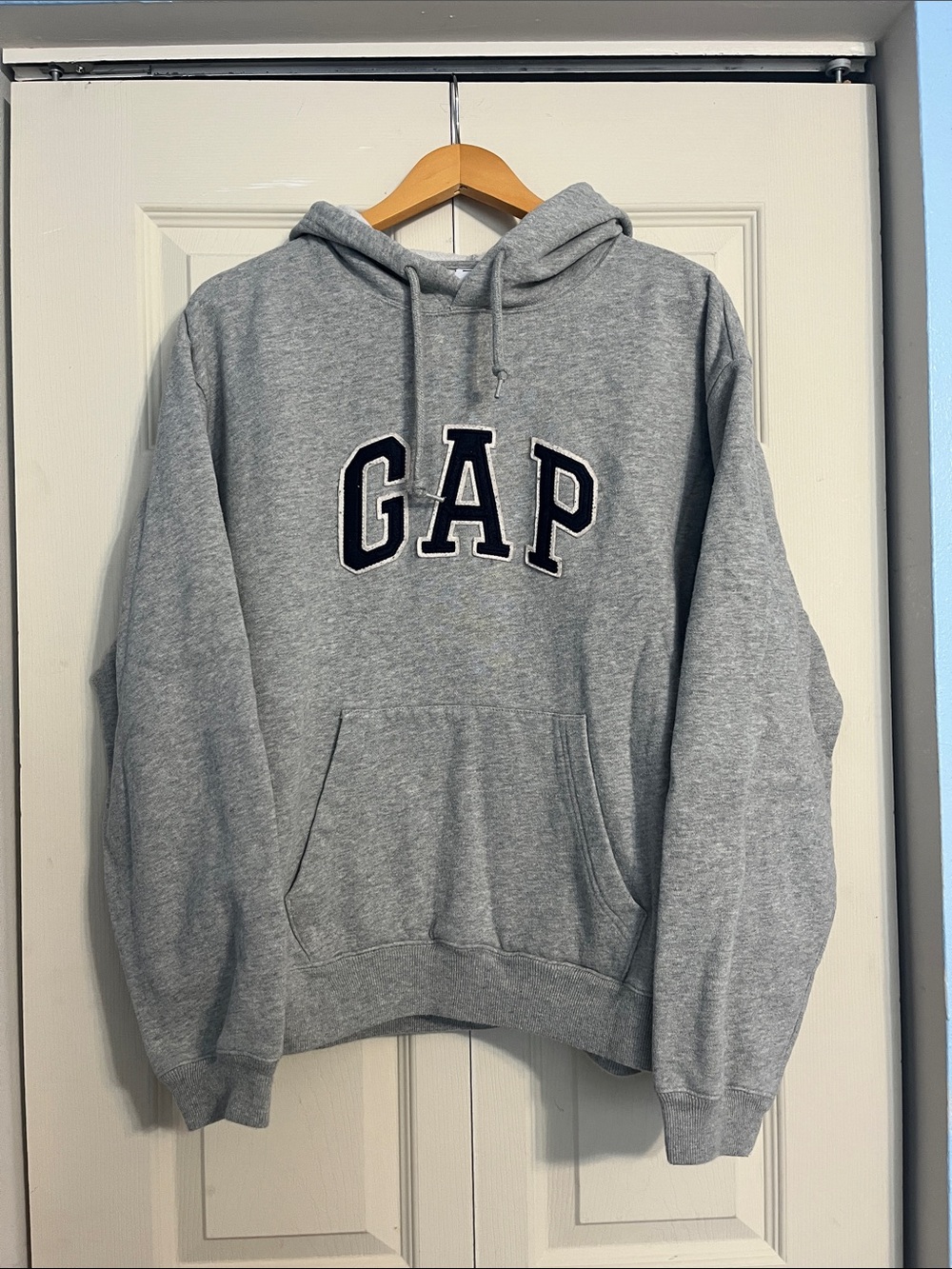 GAP Light Gray Hoodie with Navy Appliqué Logo